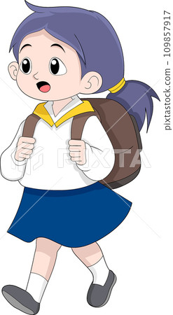 beautiful little girl wearing uniform and carrying bag, going to school 109857917