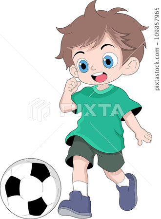 happy kid is playing football dribbling the ball happy kid is playing football dribbling the ball 109857965
