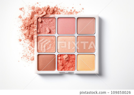 Professional eye shadow palette color of the year Peach Fuzz and a brush on white background 109858026