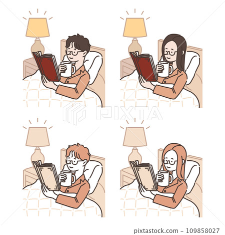 Illustrations of men and women reading on their beds before going to bed 109858027