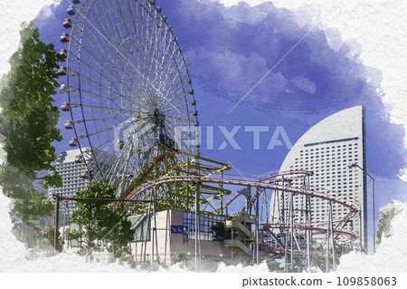 Watercolor style Yokohama Minato Mirai Cosmo World Ferris wheel and InterContinental Hotel Yokohama City, Kanagawa Prefecture 109858063
