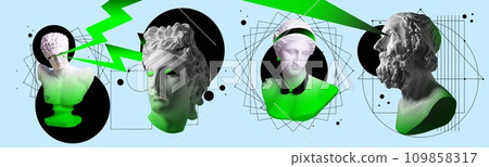 Antique statue bust with neon and geometric elements over blue background. Exhibition. Contemporary art collage. Creative banner Antique statue bust with neon and geometric elements over blue background. Exhibition. Contemporary art collage. Creative banner 109858317
