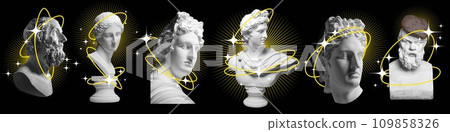 Antique statue bust with abstract yellow drawn lines over black background. Contemporary art collage. Creative banner 109858326