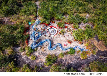 Aerial view of Wat Roi Phra Phutthabat Phu Manorom, Mukdahan, Thailand 109858959