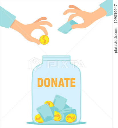 Hands drop money into a jar for donations. Vector illustration 109859047