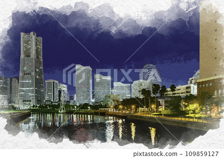 水彩風格橫濱港未來橫濱地標塔與摩天輪神奈川縣橫濱市 109859127