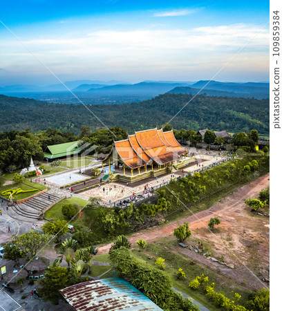 Aerial view of Wat Sirindhorn Wararam glowing temple in Ubon, Thailand Aerial view of Wat Sirindhorn Wararam glowing temple in Ubon, Thailand 109859384