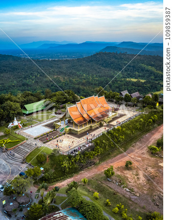 Aerial view of Wat Sirindhorn Wararam glowing temple in Ubon, Thailand Aerial view of Wat Sirindhorn Wararam glowing temple in Ubon, Thailand 109859387
