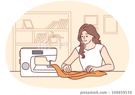Happy woman sewing on machine at home Happy woman sewing on machine at home 109859539