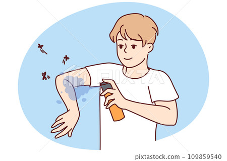 Man apply anti-mosquito spray on arm Man apply anti-mosquito spray on arm 109859540