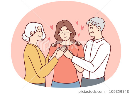 Happy elderly parents hugging grownup daughter Happy elderly parents hugging grownup daughter 109859548