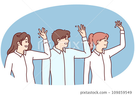 Cheerful man and women in office clothes standing in row showing hello gesture. Vector image 109859549