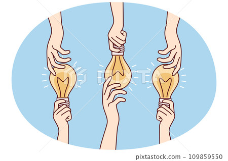Hands sharing glowing light bulbs are metaphor for ideas or joint brainstorming. Vector image 109859550
