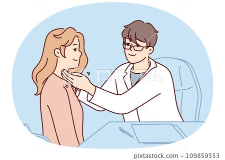 Man doctor in white coat sits at table holding out hands to throat woman patient. Vector image 109859553