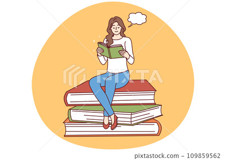Happy woman sit on pile reading book Happy woman sit on pile reading book 109859562
