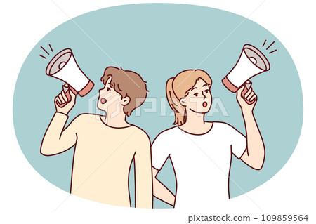 Man and woman shouting in loudspeaker to invite to event or make announcement. Vector image 109859564