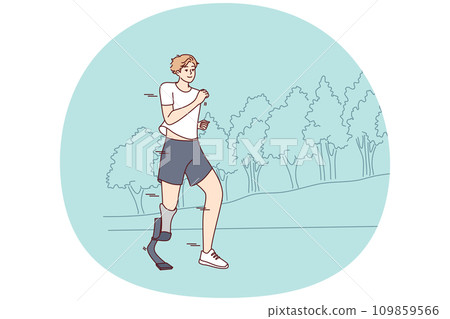 Smiling man with prosthesis run in park Smiling man with prosthesis run in park 109859566