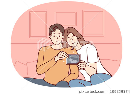 Smiling couple showing baby ultrasound Smiling couple showing baby ultrasound 109859574