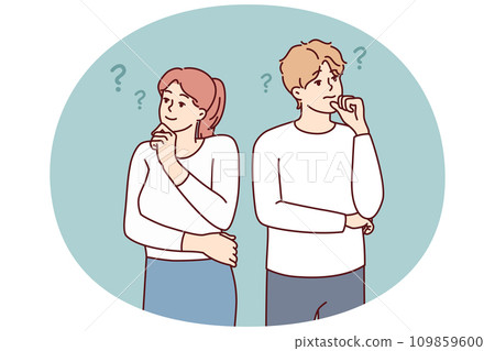 Man and woman look in different directions and scratch their chins thinking idea. Vector image Man and woman look in different directions and scratch their chins thinking idea. Vector image 109859600
