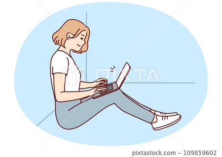 Positive woman freelancer sitting on floor near wall with laptop on lap. Vector image 109859602
