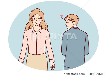 Man in business clothes looks back at beautiful woman having romantic feelings. Vector image Man in business clothes looks back at beautiful woman having romantic feelings. Vector image 109859603