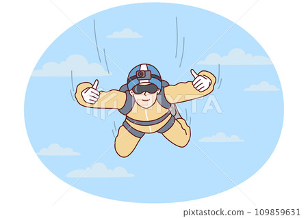 Man skydiver hangs in sky and shows two hands thumbs up after jumping from airplane. Flat image 109859631