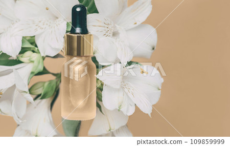 Natural Serum. Concept of cosmetic injection is hyaluronic acid, botulin, serum on a peach-colored background 109859999