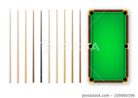 Various wooden billiard cues and green pool table. Snooker sports equipment. Vintage cue. Recreation and hobby, competitive game. Vector illustration 109860396
