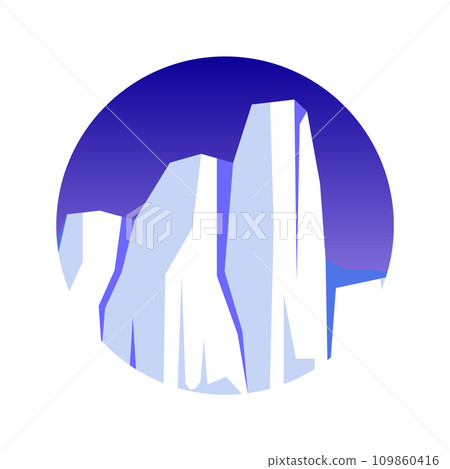 Round floating iceberg, drifting arctic glacier, block of frozen ocean water. Icy mountains with snow. Melting ice peak. Antarctic snowy landscape. South and North Pole. Vector illustration 109860416