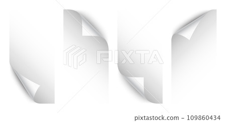 Set of white paper curls. Curled page corner with shadow. Blank sheet of paper. Design element for advertising and promotion. Vector illustration. Set of white paper curls. Curled page corner with shadow. Blank sheet of paper. Design element for advertising and promotion. Vector illustration. 109860434