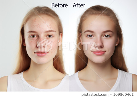 Teenage girl before and after acne treatment on white background Teenage girl before and after acne treatment on white background 109860461