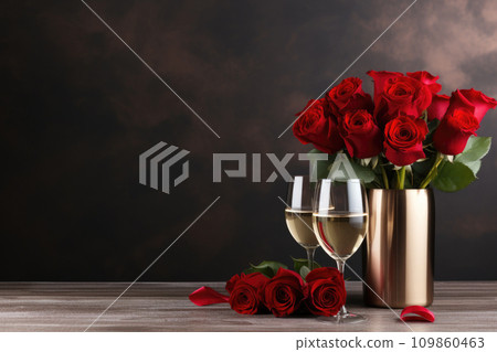 Two glasses of Champagne and red roses, romantic Valentine's day background Two glasses of Champagne and red roses, romantic Valentine's day background 109860463