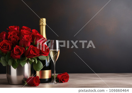 Bottle of Champagne and red roses, romantic Valentine's day background Bottle of Champagne and red roses, romantic Valentine's day background 109860464