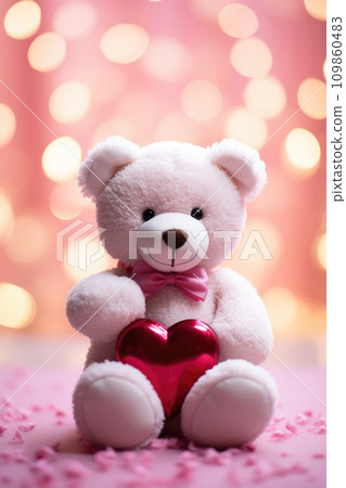 Teddy bear with red heart on pink background Valentine's day card 109860483