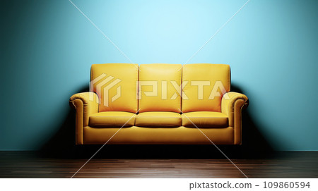 yellow sofa in the style of the 60s against the background of a cyan wall in an old office, an idea for a concept or mockup for advertising interiors yellow sofa in the style of the 60s against the background of a cyan wall in an old office, an idea for a concept or mockup for advertising interiors 109860594