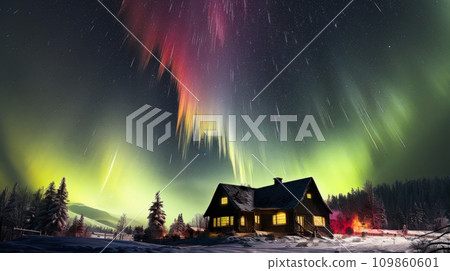 Aurora over a house in the forest, magical winter landscape with copy space, winter travel on Christmas holidays, magnificent aurora Aurora over a house in the forest, magical winter landscape with copy space, winter travel on Christmas holidays, magnificent aurora 109860601