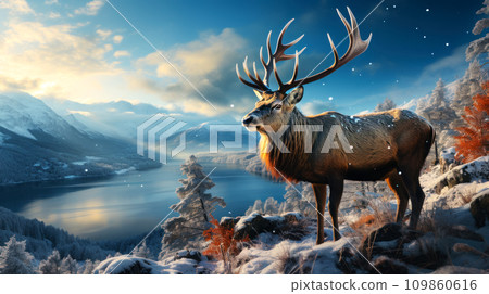 Reindeer in snowy mountains over fjord, harsh northern winter landscape Reindeer in snowy mountains over fjord, harsh northern winter landscape 109860616