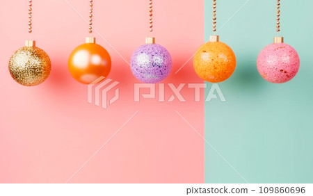 Banner for New Year greeting or Christmas card with glass balls, concept space with two color pastel photo Banner for New Year greeting or Christmas card with glass balls, concept space with two color pastel photo 109860696