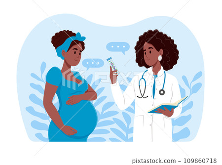 A pregnant woman is talking to an obstetrician gynecologist. Noninvasive prenatal testing (NIPT). A woman expecting a baby visits the doctors office, examination during pregnancy. A pregnant woman is talking to an obstetrician gynecologist. Noninvasive prenatal testing (NIPT). A woman expecting a baby visits the doctors office, examination during pregnancy. 109860718