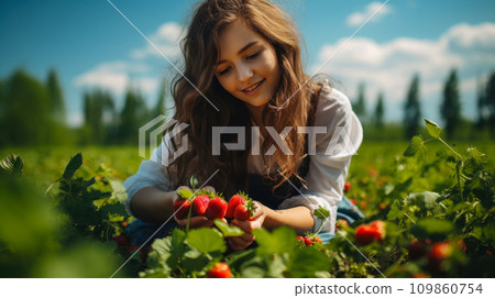 A teenage girl picking strawberries on a warm summer day, an idea for a postcard or poster advertising berries and a farm, supporting local small businesses 109860754