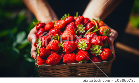 A basket full of ripe strawberries in the hands of a girl, a banner or poster advertising berries and a farm, supporting local small businesses 109860755