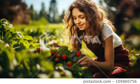 Portrait of a teenager picking strawberries on a warm summer day, an idea for a postcard or poster about collecting seasonal berries and helping small businesses on local farms 109860756