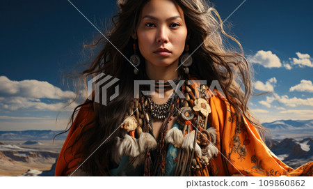Portrait of a beautiful young woman from Central Asia against the backdrop of spring mountain pastures, close-up, postcard for invitation to a trip Portrait of a beautiful young woman from Central Asia against the backdrop of spring mountain pastures, close-up, postcard for invitation to a trip 109860862