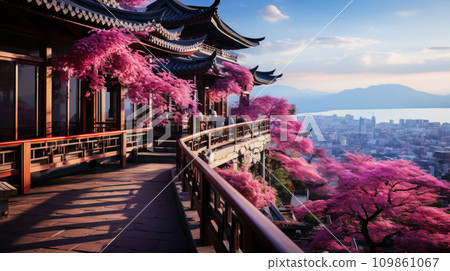 Blooming sakura in the courtyard of the old temple above the city, magnificent scenery, time for hanami and enjoying nature. Concept for congratulations on Valentine's Day, free space for concept 109861067