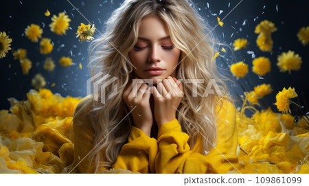 A young woman with her eyes closed against a background of flying flowers, the concept of advertising antihistamine medications for a full life during the period of allergies, health care A young woman with her eyes closed against a background of flying flowers, the concept of advertising antihistamine medications for a full life during the period of allergies, health care 109861099