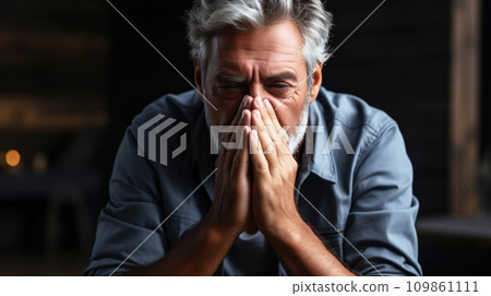 Sad adult gray-haired man holds his hands on his nose, attack of allergy or rhinitis, unexpected attack of pain, concept of health care and life insurance Sad adult gray-haired man holds his hands on his nose, attack of allergy or rhinitis, unexpected attack of pain, concept of health care and life insurance 109861111
