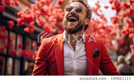 A happy laughing man against the background of a blooming sakura, an advertisement for a medicine for the treatment of allergies, a banner about caring for health and a fulfilling life A happy laughing man against the background of a blooming sakura, an advertisement for a medicine for the treatment of allergies, a banner about caring for health and a fulfilling life 109861115