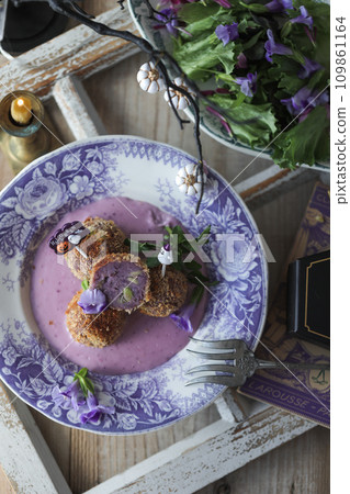Purple sweet potato croquette and soup Purple sweet potato croquette and soup 109861164