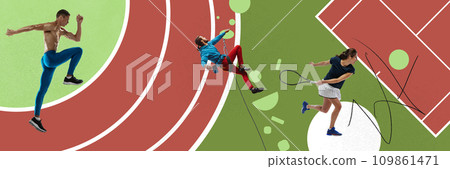 Competitive young people, runner, tennis player, man practicing bouldering. Contemporary art collage. Sport, competition Competitive young people, runner, tennis player, man practicing bouldering. Contemporary art collage. Sport, competition 109861471