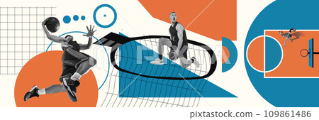 Competitive, muscular, athletic young men, basketball players in motion, training over colorful background. Contemporary art collage. Sport, competition Competitive, muscular, athletic young men, basketball players in motion, training over colorful background. Contemporary art collage. Sport, competition 109861486